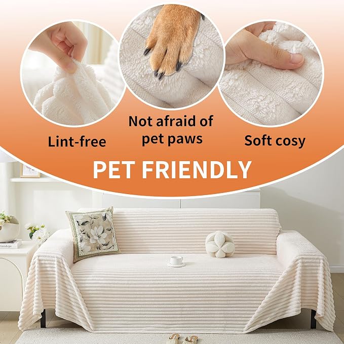 HAOMAIJIA Faux Fur Sofa Covers Couch Covers for 3 Cushion Couch Sofa Pet Friendly Soft Non Slip Couch Cover for Dogs Washable Sectional Couch Covers L Shape Furniture Protector (Off White, 71"x134") - Image 3