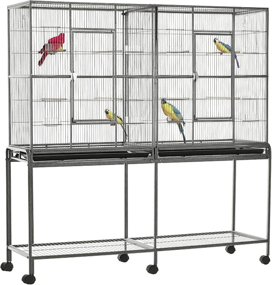 PawHut 65" Double Rolling Metal Bird Cage with Divider, Large Parrot Cage for Parakeet, Canaries, Lovebirds, Budgie, Finch, with Detachable Rolling Stand, Storage Shelf, Wood Perch & Food Container | for Parakeet, Canaries, Lovebirds, Budgie, Finch, De... by PawHut