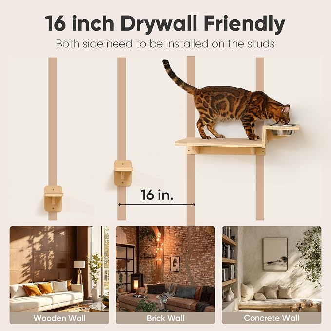 FUKUMARU Cat Wall Shelves, Food Station with 2 Steps | 3 in 1 Cats Walls Furniture Set, Birch Plywood Perch, Suitable for Kitten Play, Nap, Eat, DIY Wall Jungle Gym - Image 7