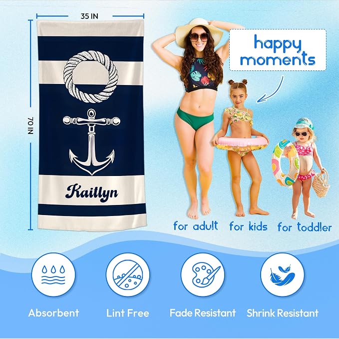 JML Personalized Beach Towel with Name, Custom Anchor Beach Towel, Customized Microfiber Pool Towel, Quick Dry & Absorbent Swim Towel for Adult,Mother's Day, Birthday, Summer Holiday,Vacation - Image 3