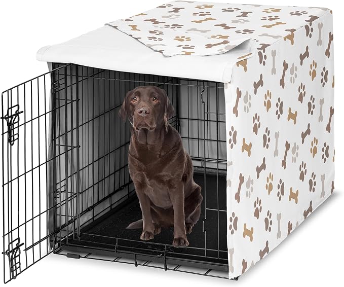 Sweet Jojo Designs 42in. Medium/Large Dog Crate Cover (Bones and Paw Prints) Pet Cage, Kennel Covers (Modern, Cartoon, Doggy, Puppy, Neutral, Paws Print, Whimsical, Brown, Tan, Grey, Taupe and White) by SweetJojoDesigns