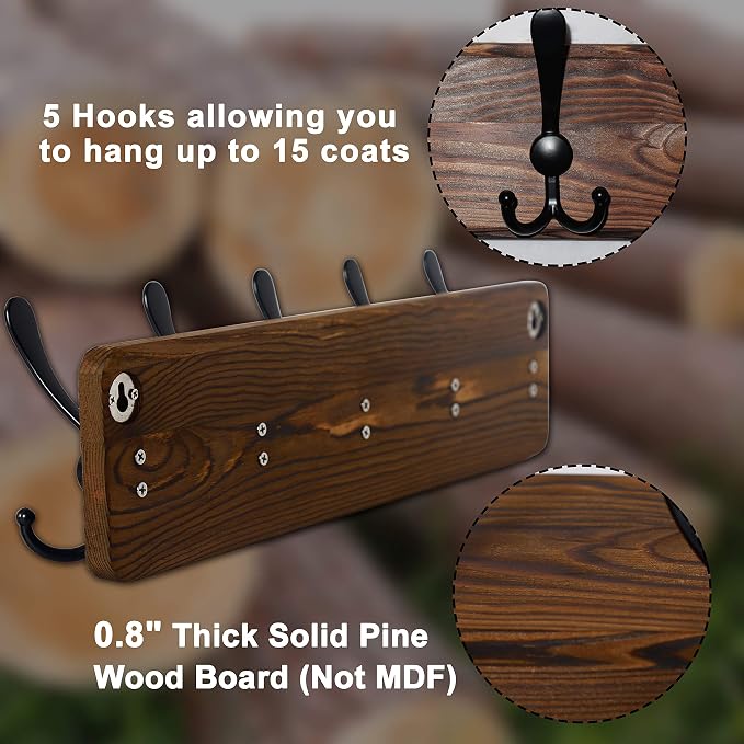 Dseap Coat Rack Wall Mounted - 24" Long 6 Tri Hooks, Heavy Duty Wooden Wall Coat Hanger Coat Hook for Clothes Hat Jacket Clothing, Natural and Black - Image 8
