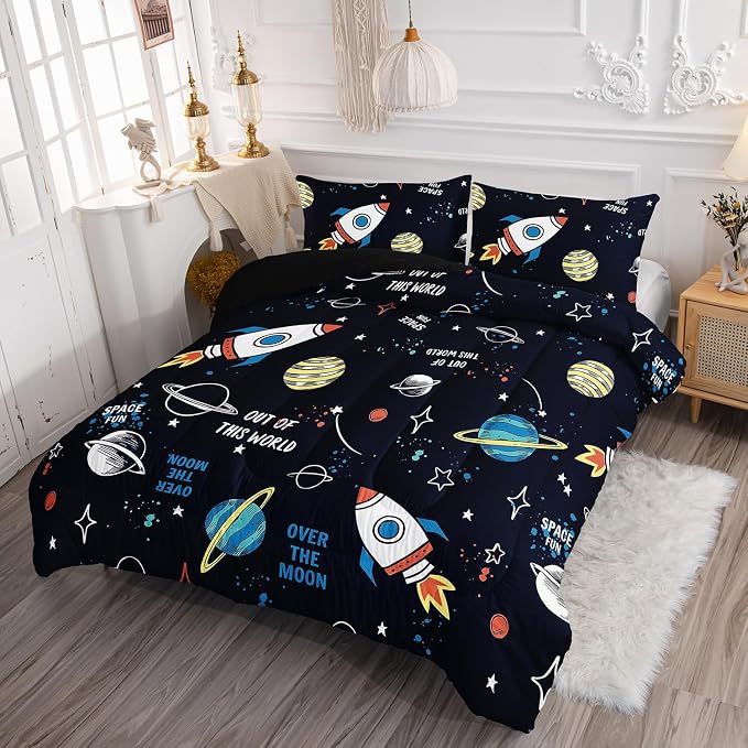 Space Rocket Comforter Set 3D Rocket Printed Bedding Set with 1 Comforter and 2 Pillowcases for Boys and Girls Bedroom All Season(Space-2 Twin) - Image 3
