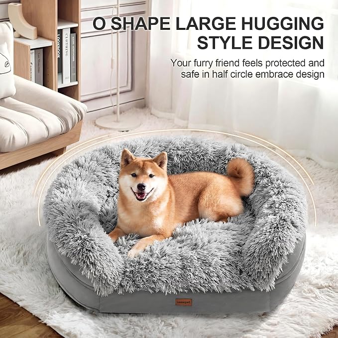 iweepet Fluffy Calming Orthopedic Dog Beds for Large & Extra Large Dogs, Supportive Dog Sofa Bed with 3.7 inch 28D Egg-Crate Foam, Removable Washable Plush Cover, Waterproof Lining,44’’,Grey - Image 2