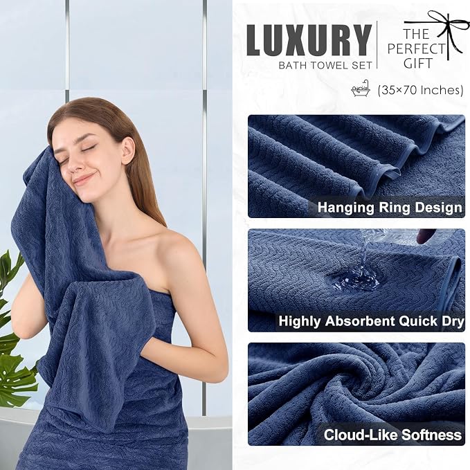 4 Piece Extra Large Bath Towel 35"x70" Oversized Bath Sheet Navy Blue Bath Towel Set for Bathroom Ultra Soft Cozy Highly Absorbent Quick Dry Bathroom Towel for Spa Gym Hotel,Shower Towel for Daily Use - Image 3