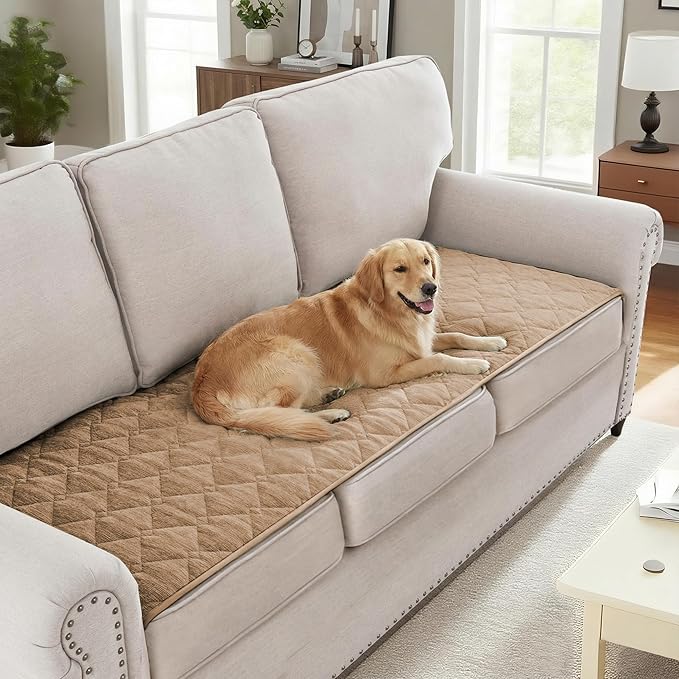 H.VERSAILTEX Couch Cover Chenille Pet Fuzzy Sofa Covers for 2 Cushion Couch Anti Slip Washable Sofa Slipcovers with Strap Soft Couch Protector Cover for Dogs Cats Kids(27.6" x 71",Khaki) by HVERSAILTEX