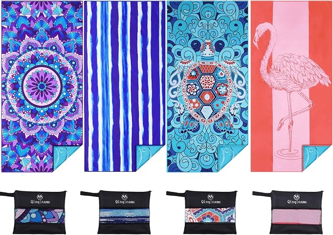 4 Pack Microfiber Oversized Lightweight Beach Towel 71"x32" Extra Thin Large Sand Free Towels Travel Swim Pool Yoga Gym for Adults Women Men Beach Essentials Accessories Vacation Gift by Qinqinamu