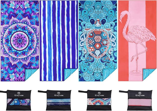 4 Pack Microfiber Oversized Lightweight Beach Towel 71"x32" Extra Thin Large Sand Free Towels Travel Swim Pool Yoga Gym for Adults Women Men Beach Essentials Accessories Vacation Gift by Qinqinamu