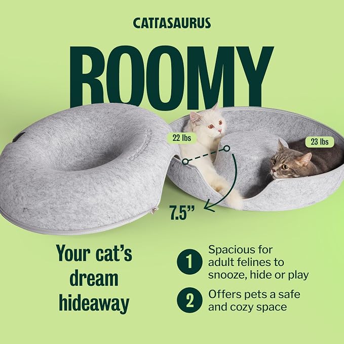 Cattasaurus Peekaboo Cat Cave Donut for Multiple & Large Cats up to 30-45 lbs, 3-in-1 Self Warming Cat Bed, Tunnel & Scratcher for Indoor Cats, Washable & Detachable Small Dog Bed (Light Gray, Large) - Image 5