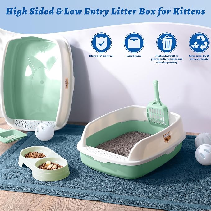 Sliner 7 Pcs Kitten Litter Box Starter Kit, 2 Plastic Small Kitty Litter Box Training Low Entry with Scoop, 2 Double Cat Bowl and Mat for Kitten Indoor(Green) - Image 5
