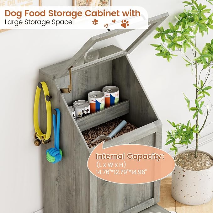 Dog Feeding Station with 2 Elevated Dog Bowls, Pet Feeding Station,Flip Top Pet Food Cabinet,Pet Food Container,Pet Toy Storage Organizer,Modern Storage Organizer,Grey - Image 3