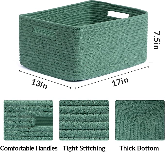 MiniArk Large Storage Baskets for Shelves, 17 x 13 x 7.5” Closet Organizers Bins for Clothes Blanket Towels, Baby Nursery, Toy Baskets Box, Woven Rope Baskets, 3 Packs Green - Image 2