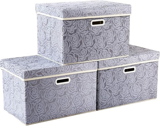 PRANDOM Large Storage Boxes with Lids [3-Pack] Fabric Decorative Storage Bins Cubes Organizer Containers Baskets with Handles for Closet Grey 17.7x11.8x11.8 In For 6+ Year Old Boys and Girls by Prandom