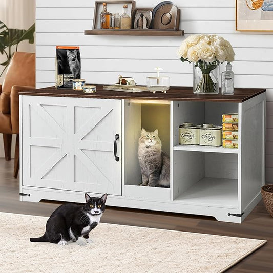 Cat Litter Box Enclosure, 43" Farmhouse Litter Box Furniture with Storage, Lights, Cardboard, Indoor TV Stand Wood Cat House Washroom End Side Table, White by DesignedforYourHome