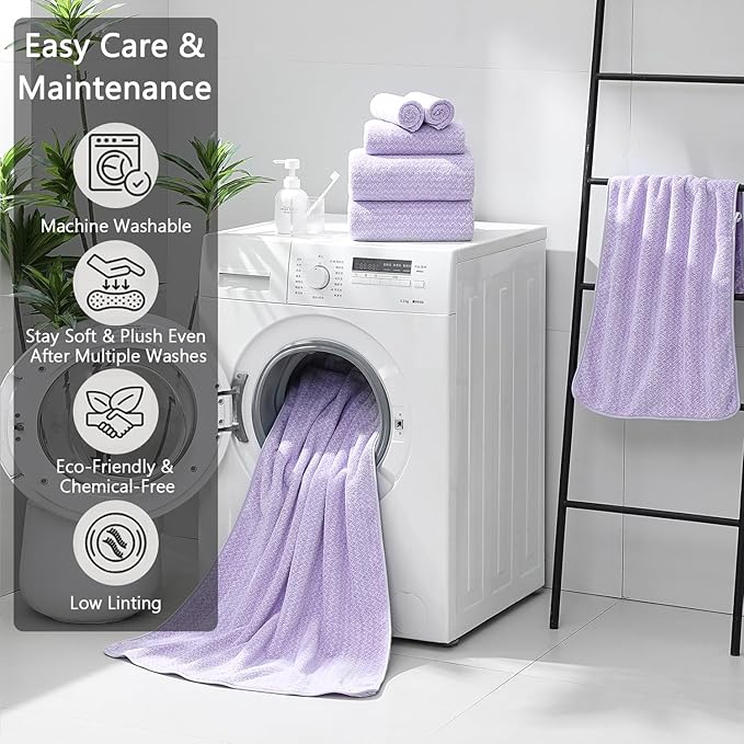 18 Piece Bath Towels Set,100% Microfiber Family Bathroom Towel with Hanging Loops-6 Bath Towels,6 Hand Towels,6 Washcloths,Quick Dry Highly Absorbent Shower Towel for Bathroom,Hotel,Spa-Light Purple - Image 6