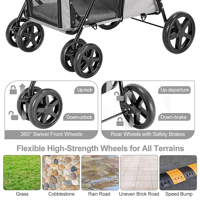 Double Pet Stroller for Dogs and Cats with 2 Detachable Carrier, Quick-Folding Dog Stroller for Medium Small Dogs Cats, 4 Wheels, Light Gray