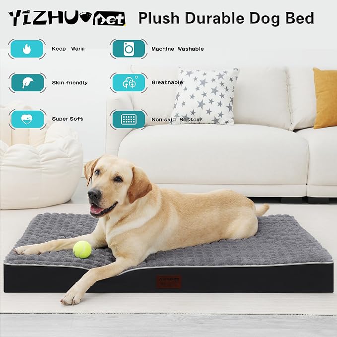 Grey 47''x29''x4 Large XXL Orthopedic Rabbit Plush Cover Dog Bed | Soft, Waterproof, Egg Foam, Pet Crate Beds Mat, Kennel Pads, Removable Washable Cover,Non-Slip Bottom,Anti-slip oxford fabric - Image 2