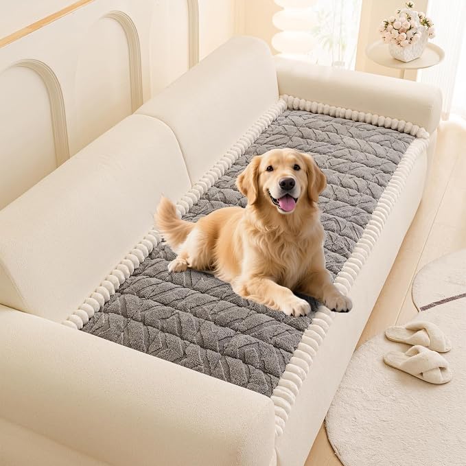 STACYPIK Non Slip Thickened Gray Sofa Cover for Dogs, Arm Headrest Cover Washable, Fuzzy Plush Slipcovers Couch Protector for 2 Cushion, Pet-Friendly Herringbone Pattern Couch Bed Mat Cover-35.4X63IN by STACYPIK