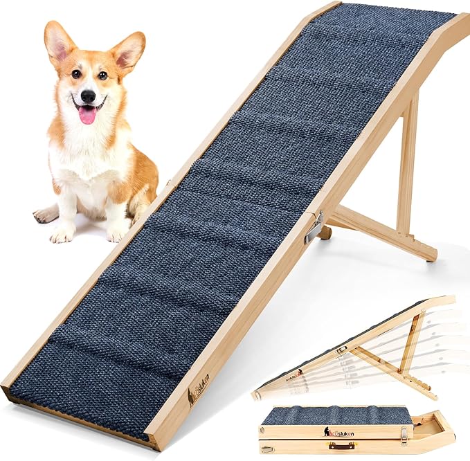 𝟐𝟎𝟐𝟔 𝐔𝐩𝐠𝐫𝐚𝐝𝐞𝐝 Dog Ramp for Bed, 64" Long Foldable Pet Ramp for Small Large Dogs, Dog Ramps for High Beds Car, High Traction with Platform 6 Adjustable Heights 24" to 30" Up to 220LBS, Wood
