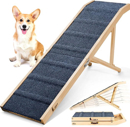 𝟐𝟎𝟐𝟔 𝐔𝐩𝐠𝐫𝐚𝐝𝐞𝐝 Dog Ramp for Bed, 64" Long Foldable Pet Ramp for Small Large Dogs, Dog Ramps for High Beds Car, High Traction with Platform 6 Adjustable Heights 24" to 30" Up to 220LBS, Wood