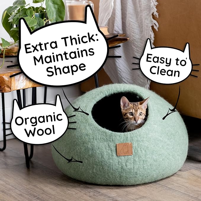 Extra Thick Felted Wool Cat Cave Bed Your Pet Will Love - Cozy and Warm Hideaway for Sleeping & Relaxing - Large and Small Pets - 100% Organic, Durable, Long-Lasting Comfort (Eucalyptus Green, Small) - Image 3