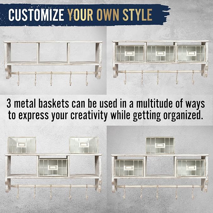 HBCY Creations Wall Mounted Shelf with Coat Hooks and Baskets, Solid Wood Entryway Organizer Wall Shelf with Hooks - Hang Coats, Keys or Coffee Mugs, Rustic Whitewashed 24" Wide - Image 4