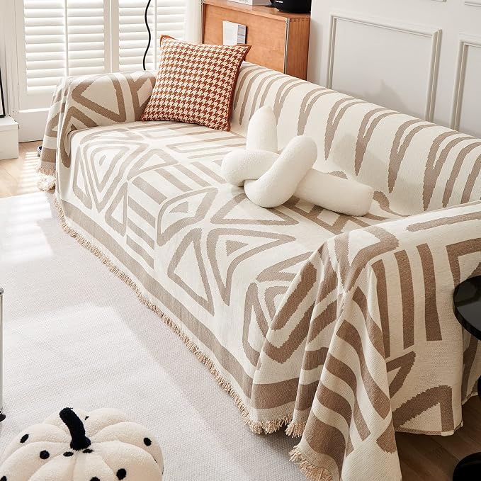VClife Boho Couch Cover Non Slip Sofa Slipcover for Dog, Washable Throw Covers for Couches, Washable Furniture Cover for Pet 3-Seaters Couch Covers with Tassel, Beige-White, 71"X134" - Image 4