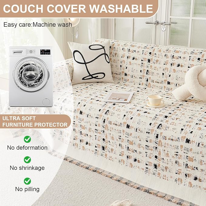 ROOMLIFE Couch Cover 3 Cushion Sofa, Washable Non Slip Furniture Sofa Protector Cover, Soft Chenille Sofa Slipcovers Sectional L Shape Dogs Couch Cover Throw Blanket with Tassels 71''X134'' - Image 7