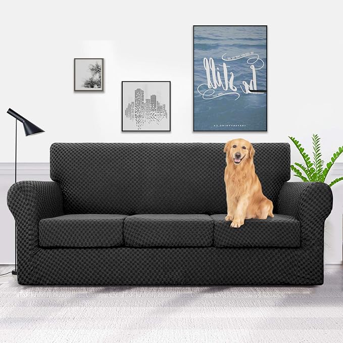 YEMYHOM Latest Checkered 4 Pieces Couch Covers for 3 Cushion Couch Extra Large High Stretch Thickened Sofa Cover for Dogs Furniture Protector Sofa Slipcovers (Black Checkered), 91"-110"(3 Cushions) - Image 2