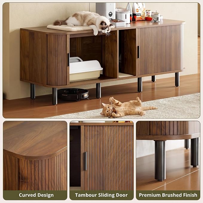 IRONCK 60" Double Cat Litter Box Enclosure with Power Outlet | Sliding tambour door. Built-in power outlet. 60" TV stand top. Walnut finish with 4.3" raised base. - Image 6