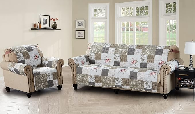 Brilliant Sunshine Pink Rose & Grey Toile Patchwork Couch Cover, 70" seat | Non Slip Sofa Cover, Quilted Furniture Protector, Large Washable Slipcover for Pets, Dogs & Cats - Image 6