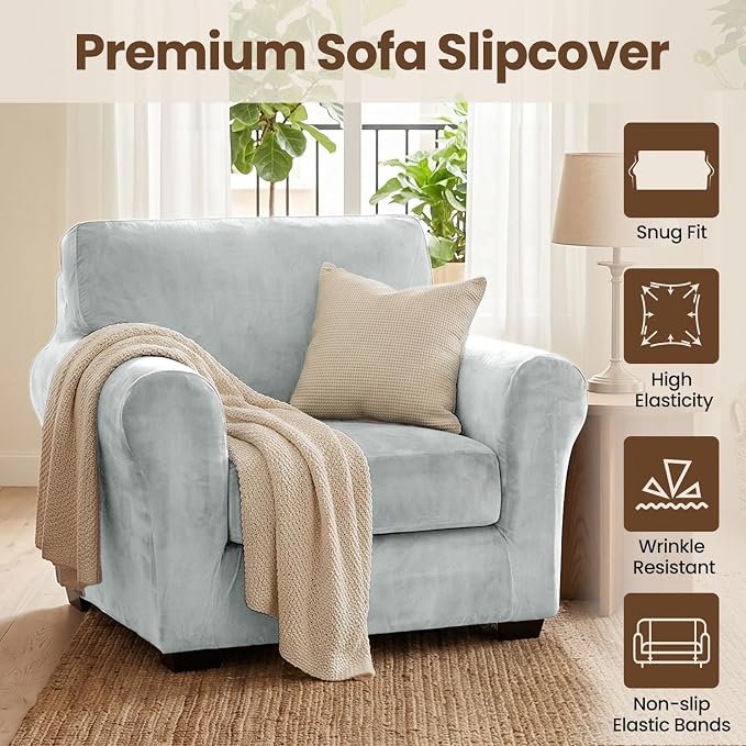 XINEAGE 2-Piece Velvet Armchair Sofa Cover,Couch Covers for Dog,Silver Gray | 1 Cushion Chair,Stretch Non-slip Elastic, Pet-friendly, Washable, Fast Setup, Soft Plush Fabric, Furniture Protector. - Image 2