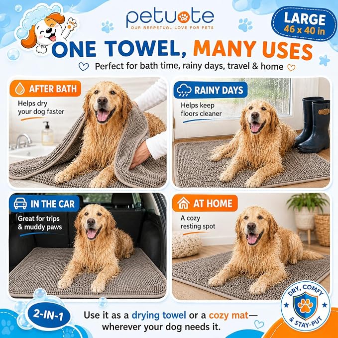 Pet 2-in-1 Dog Towel & Mat – Transforms from Drying to Bath Mat, Ultra Soft, Absorbent & Quick-Drying, Machine Washable Dog Towels with Detachable Non-Slip Mat and Hand Pockets (Large) - Image 3