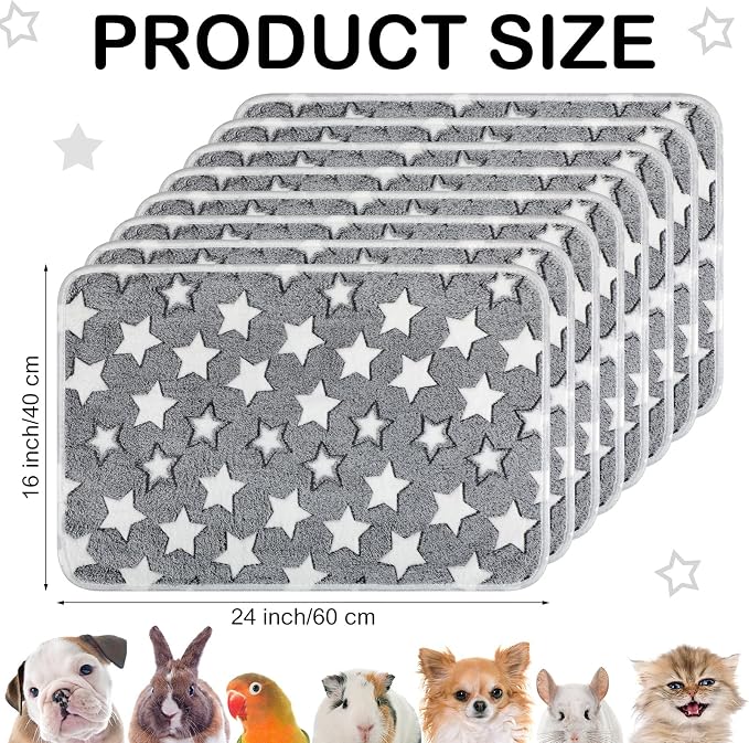 Tudomro 8 Pcs Absorbent Guinea Pig Blankets Washable Small Animal Fleece Bedding Cage Liners Reusable Pet Sleep Mat Pad Cover for Ferret Chinchilla Furniture Protection(Grey Star,16 x 24 Inch) - Image 2