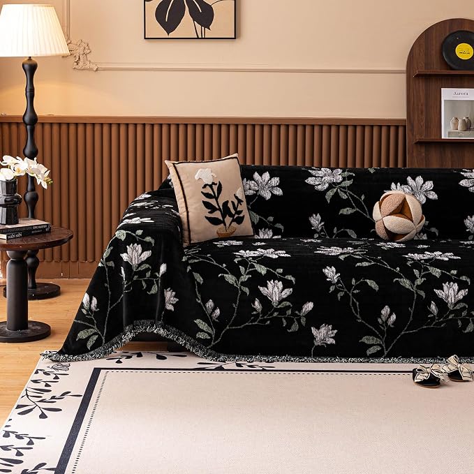 STACYPIK Vintage Botanical Floral Couch Cover Garden Floral Black Jacquard Sofa Covers for 3 Cushion Couch Pet-Friendly, Textured Couch Covers for Dogs Protector Throw Slipcover Blanket-71X134IN - Image 2