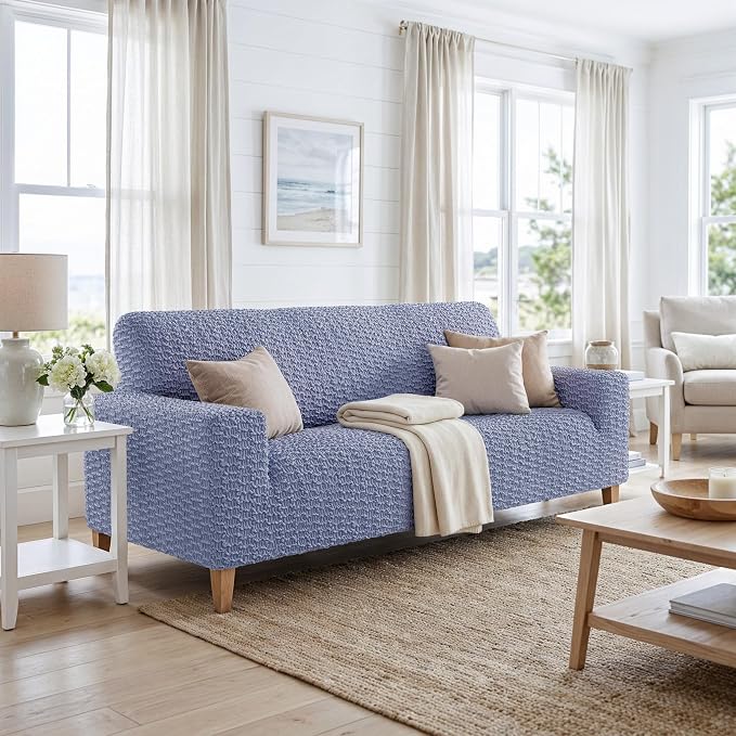 PAULTO BY GA.I.CO. Stretch Sofa Slipcovers – Soft Elastic Fabric Couch Cover for Armchair Loveseat 3-Seater & 4-Seater Sofa Cover – Non-Slip Furniture Protector Washable - Blue (64"-85" Wide) - Image 2