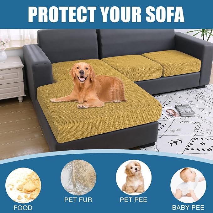 Smiry Waterproof Couch Cushion Covers, L Shape Sectional Couch Covers | Stretch Jacquard Chaise Lounge Sofa Slipcover, Washable Elastic Furniture Protector for Pets, Chaise, Ginder Yellow - Image 5