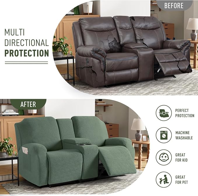 KinCam Loveseat Recliner Covers with Middle Console Slipcover, Greyish Green - Image 4