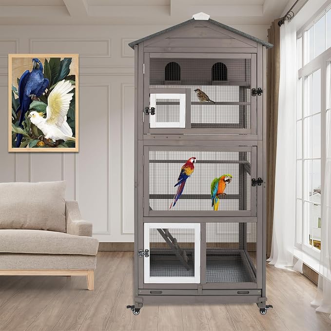 Ketive Flight Bird Cage Outdoor Large Wooden Bird Aviary Parrot Cage for Parakeet, Finches and Any Small Birds - Pull Out Wire Netting, Slide-Out Tray, 2 Perches, Nest House, 4 Wheels Include, Grey - Image 7