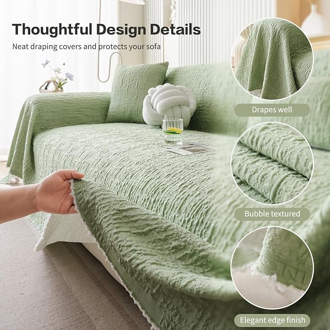 DREAMINGO Bubble Textured Cooling Sofa Cover, Ice Silk Breathable Couch Cover Blanket for Pet & Hot Sleepers, Washable Furniture Protector for 3 Cushion Couch, Sage Green, X-Large 71"x134" - Image 4