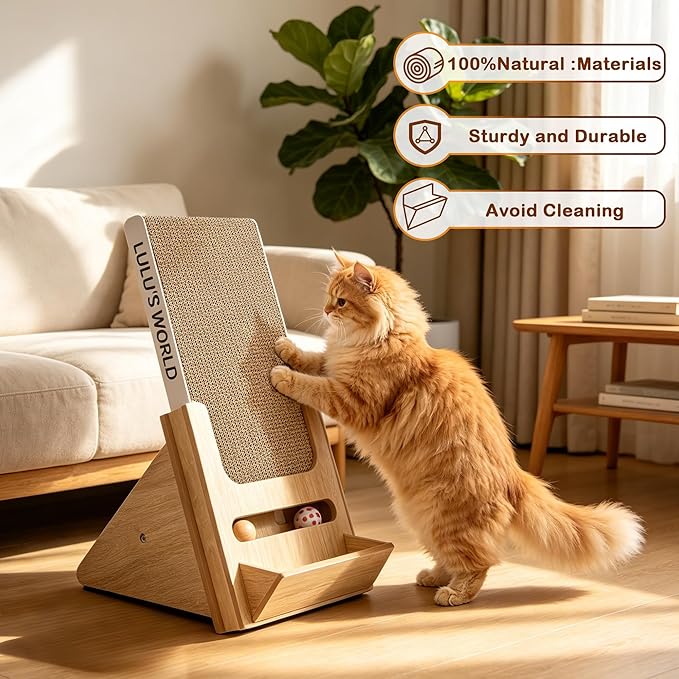 Lulu's World Cardboard Cat Scratcher with Wooden Stand, Freestanding Vertical Cat Scratching Board with Replaceable Double-Sided Scratch Pad, Ball Toy and Debris Tray for Indoor Cats,Long-termism - Image 2