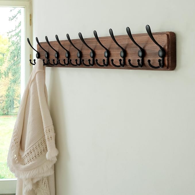 Dseap Coat Rack Wall - Heavy-Duty 38-1/4" Long, with Reinforced 10 Custom Tri-Hooks, Solid Wood Wall Hanger for Coats Hat Jackets - Rustic Farmhouse Entryway Hallway Storage, Natural & Black - Image 4