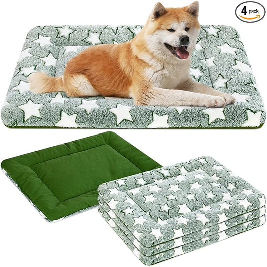 VitalCozy 4 Pcs Dog Crate Pads, Ultra Soft Warm Washable Anti-Slip Kennel Bed Mat for Pets, Reversible, Replaceable, Cage Liner for Small Medium Large Dogs and Cats(20 x 30 x 1.6 Inch,Star,Green) by VitalCozy