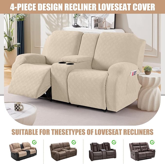 VANSOFY Recliner Loveseat Cover with Middle Console Stretch Reclining Sofa Slipcover for 2 Seat Jacquard Reclining Couch Sofa Covers Furniture Protector with Elastic Straps Bottom (Cream) | 4-Pieces, Soft Furniture Protector, Washable Slipcover with Po... - Image 4
