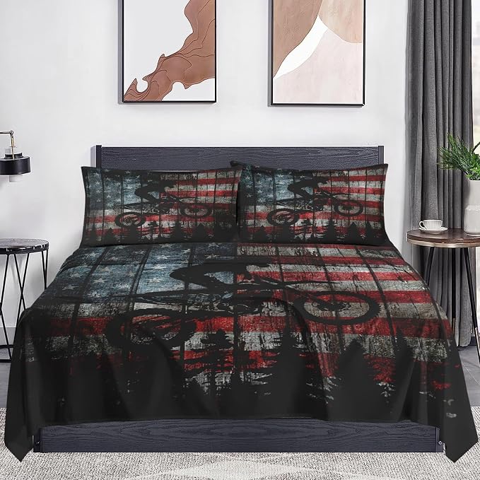WeCozy Queen Size Bed Sheet Sets with Pillowcases, American Flag Vintage Motocross 4 Pcs Soft Microfiber Bedding for Kids and Adults, Motorcycle Flat, Fitted Sheet for Bedroom Bed Decor - Image 2