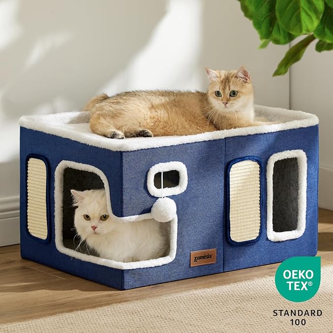 ZOMISIA Extra-Wide Cat House for Indoor Cats - Large Cat House for Pet with Fluffy Ball Hanging and Scratch Pad, Foldable Cat Hideaway for Multi Cats, 23x16.5x13 inches, Navy - Image 7