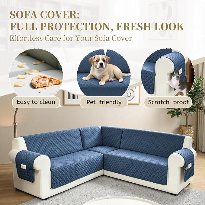 Sectional Couch Covers for Dogs 100% Waterproof Corner L Shaped Sofa Cover Pet Friendly Velvet Washable Anti Slip L Shape Modular Sofa Slipcover Protector with Pockets (Blue, XX-Large) - Image 4