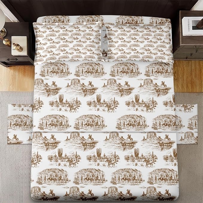 WeCozy Full Size Bed Sheet Sets with Pillowcases, American Desert Cowboy 4 Pcs Soft Microfiber Bedding for Kids and Adults, Western Country Flat, Fitted Sheet for Bedroom Bed Decor by WeCozyHomeDecor