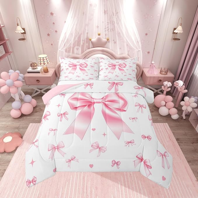 Manfei Pink Bow Kids Comforter Set,Aesthetic Ribbon Bow Tie Duvet Set for Room Decor,Cute Bowknot Princess Brushed Microfiber Soft Quilt Cover,Full Size 3 PCS - Image 7