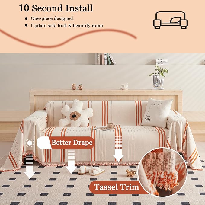 DREAMINGO Couch Cover Reversible Chenille Furniture Protector Sofa Covers for Pets Kids Beige Orange Couch Cover for 2 Cushion Couch Sofa Vertical Stripe Jacquard Sofa Slipcover Sectional, 71"x118" - Image 4